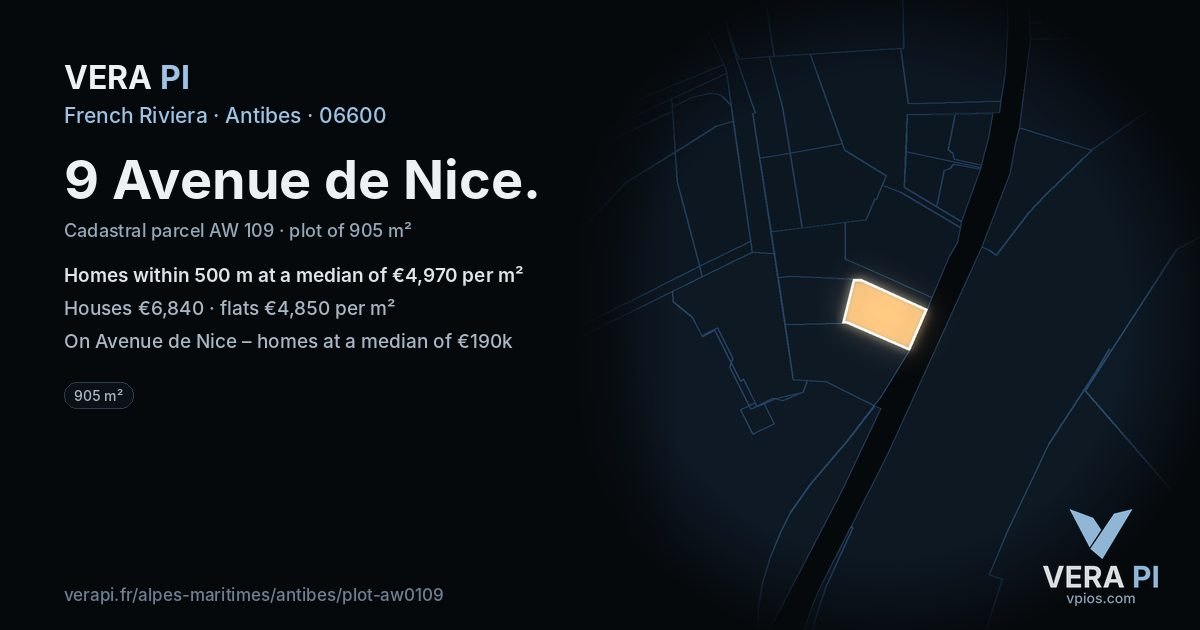 9 Avenue de Nice, Antibes at night – the plot lit, the parcels around coloured by the prices near them