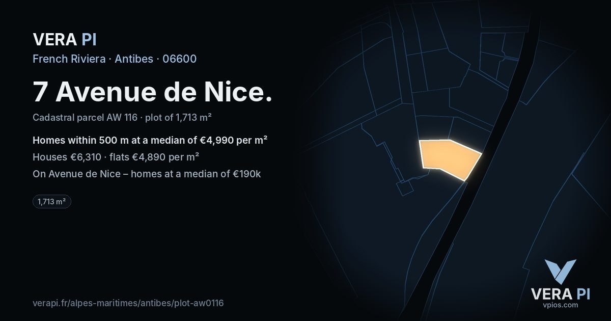 7 Avenue de Nice, Antibes at night – the plot lit, the parcels around coloured by the prices near them