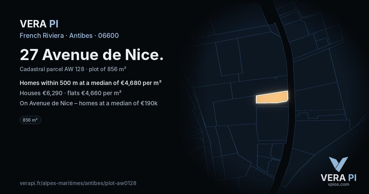 27 Avenue de Nice, Antibes at night – the plot lit, the parcels around coloured by the prices near them