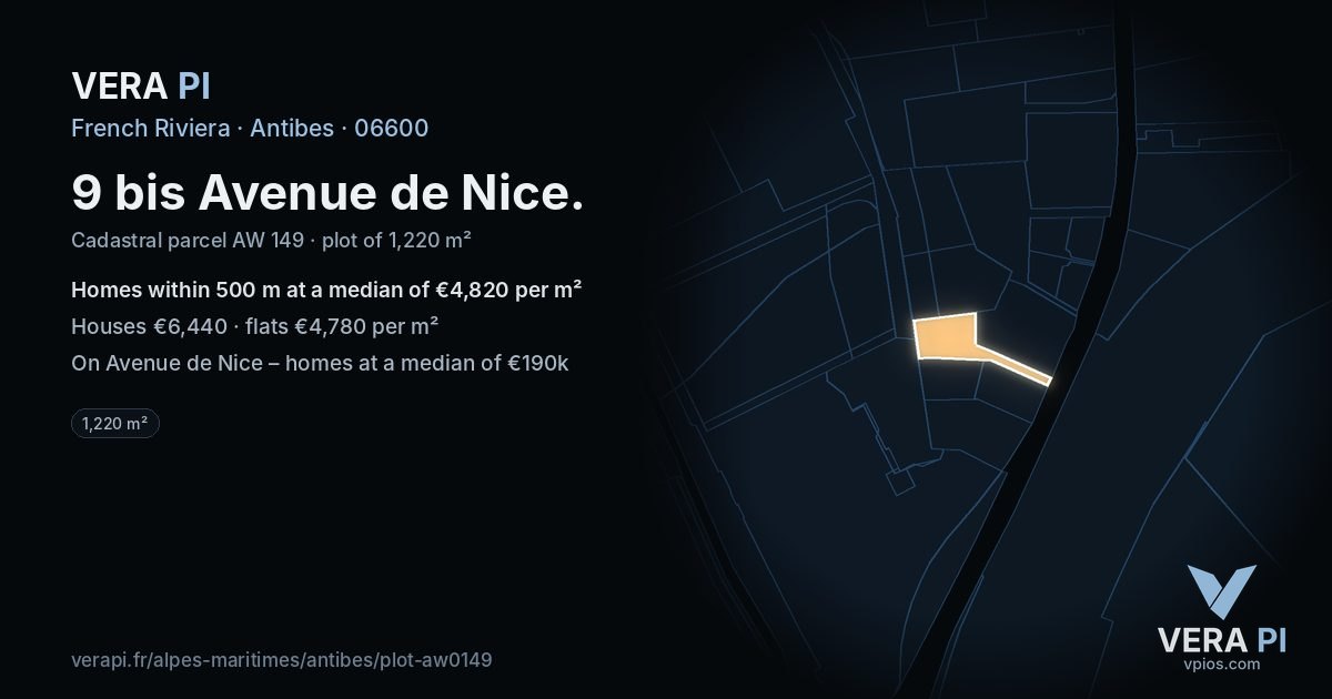 9 bis Avenue de Nice, Antibes at night – the plot lit, the parcels around coloured by the prices near them