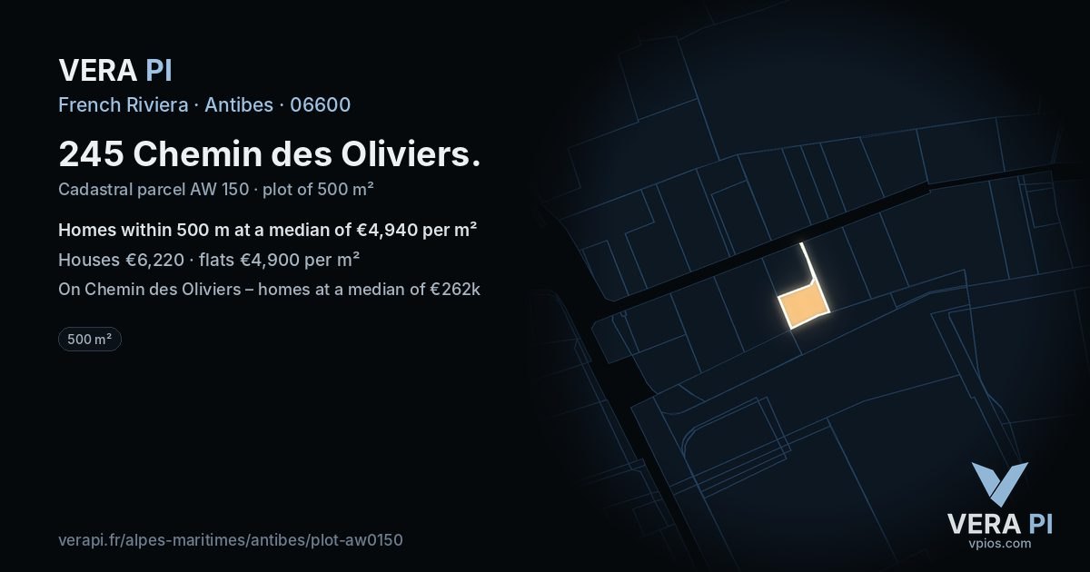 245 Chemin des Oliviers, Antibes at night – the plot lit, the parcels around coloured by the prices near them