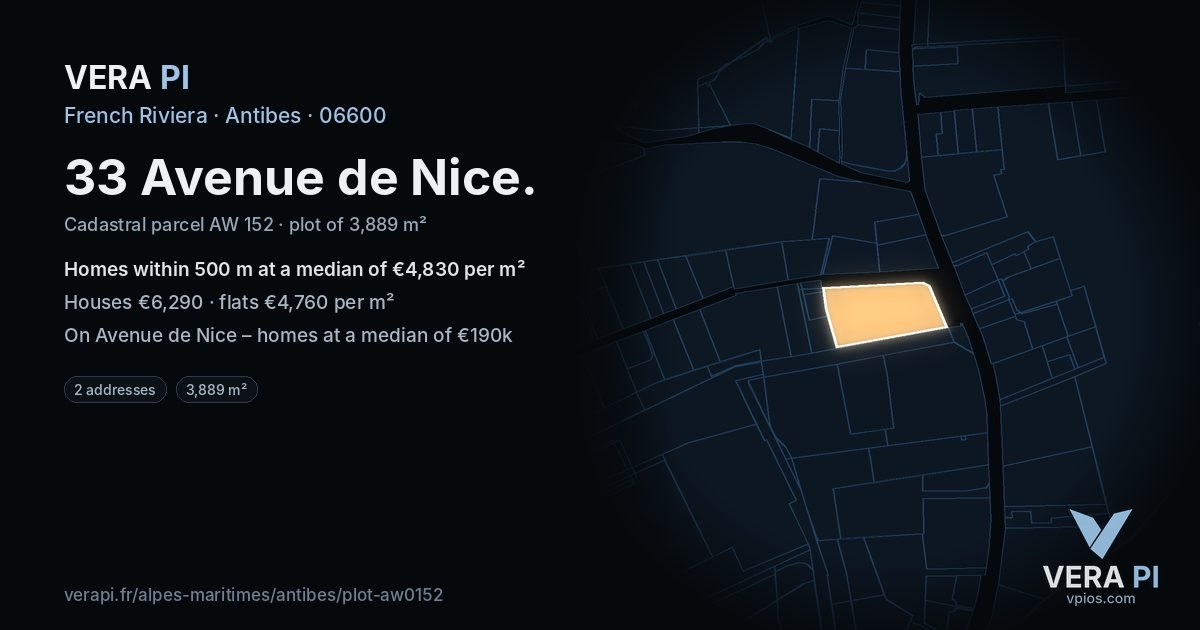 33 Avenue de Nice, Antibes at night – the plot lit, the parcels around coloured by the prices near them
