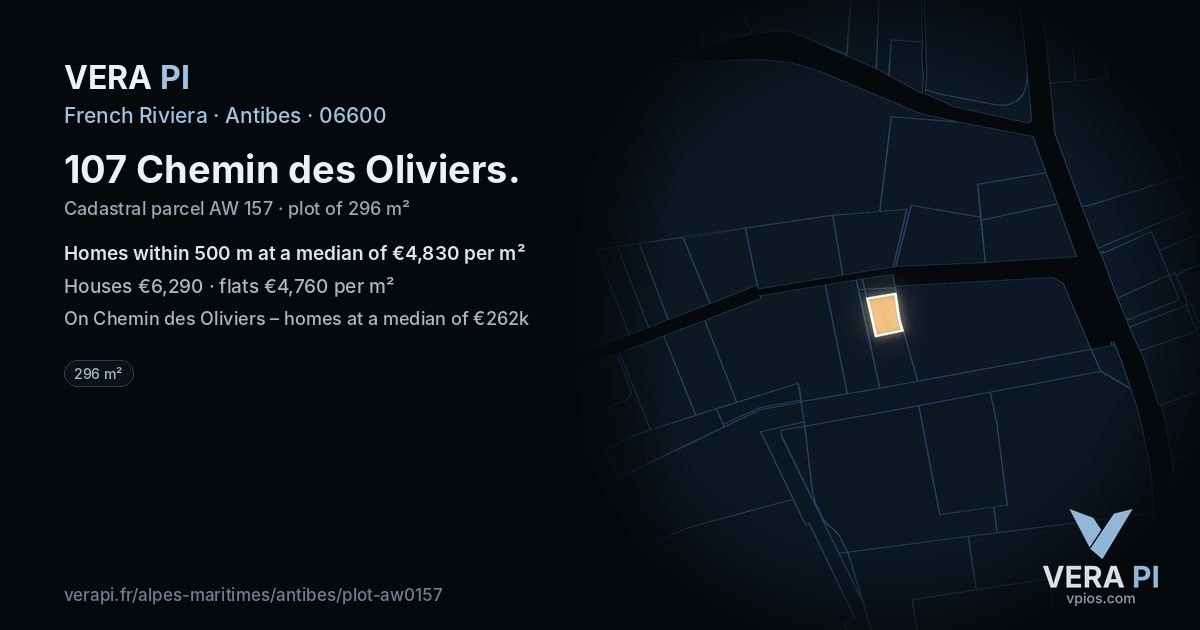 107 Chemin des Oliviers, Antibes at night – the plot lit, the parcels around coloured by the prices near them