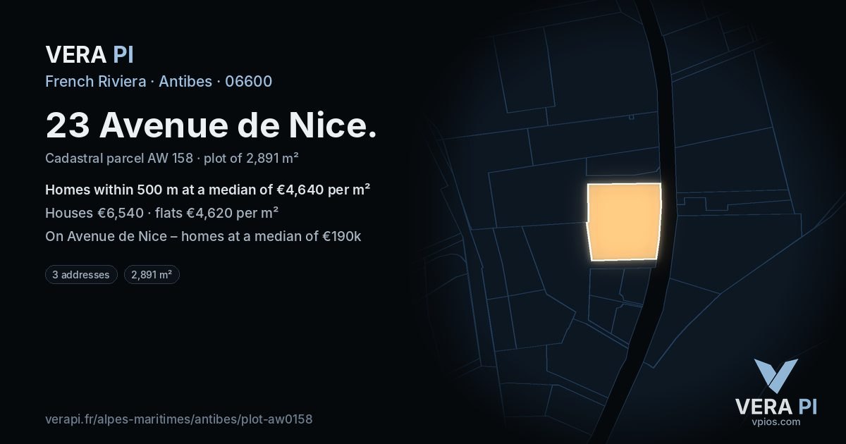 23 Avenue de Nice, Antibes at night – the plot lit, the parcels around coloured by the prices near them