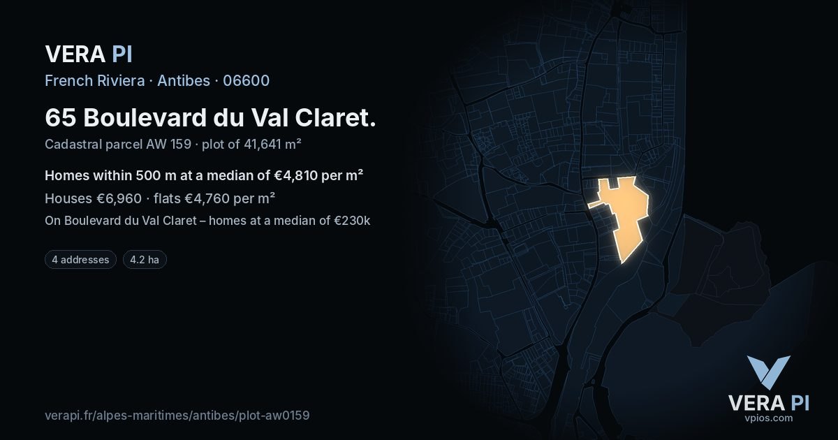 65 Boulevard du Val Claret, Antibes at night – the plot lit, the parcels around coloured by the prices near them