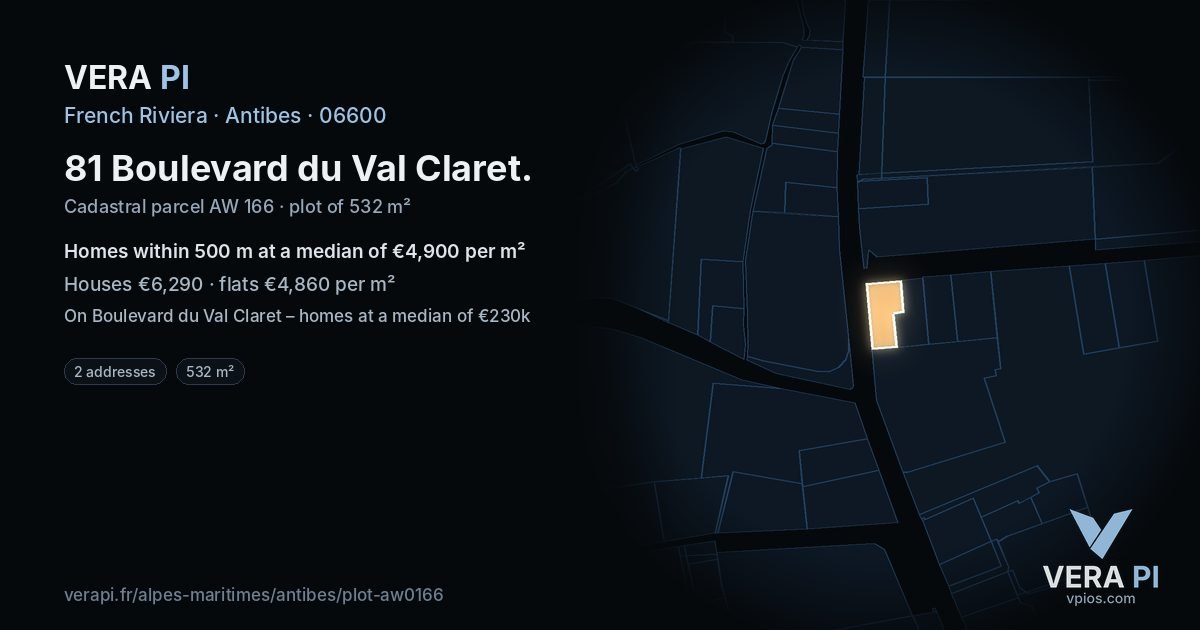 81 Boulevard du Val Claret, Antibes at night – the plot lit, the parcels around coloured by the prices near them