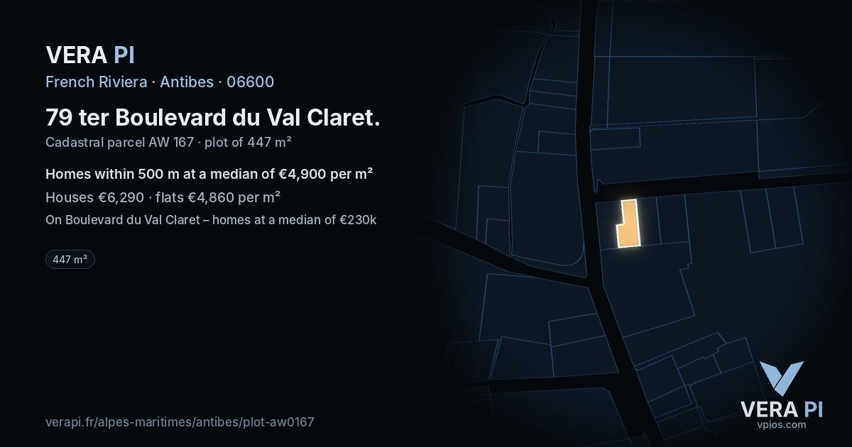 79 ter Boulevard du Val Claret, Antibes at night – the plot lit, the parcels around coloured by the prices near them