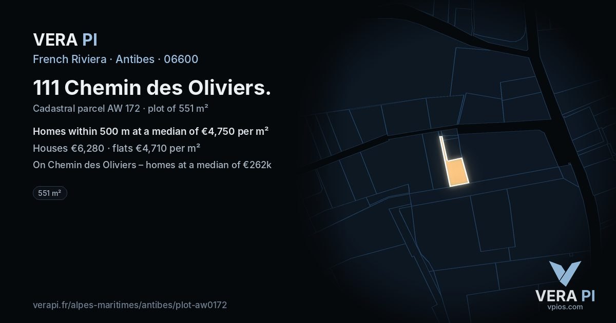 111 Chemin des Oliviers, Antibes at night – the plot lit, the parcels around coloured by the prices near them