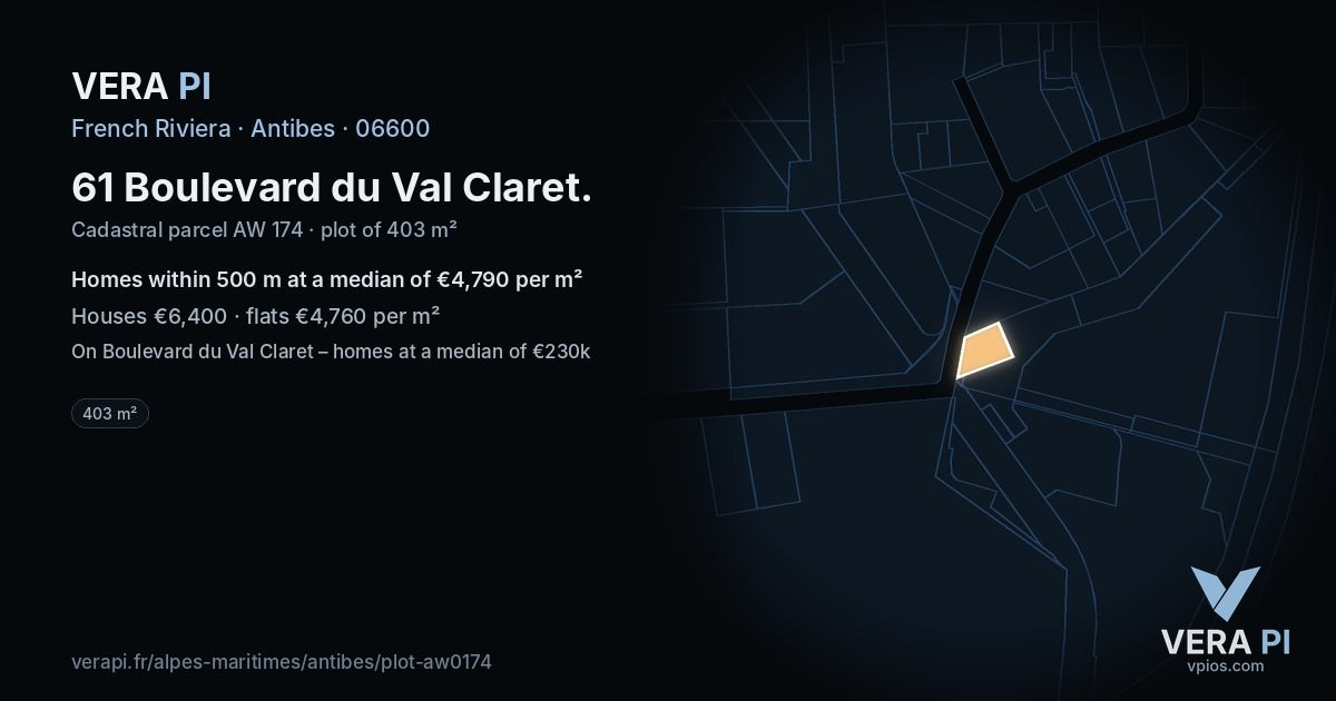 61 Boulevard du Val Claret, Antibes at night – the plot lit, the parcels around coloured by the prices near them