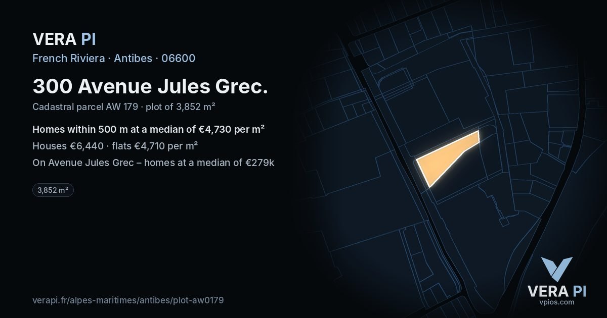 300 Avenue Jules Grec, Antibes at night – the plot lit, the parcels around coloured by the prices near them