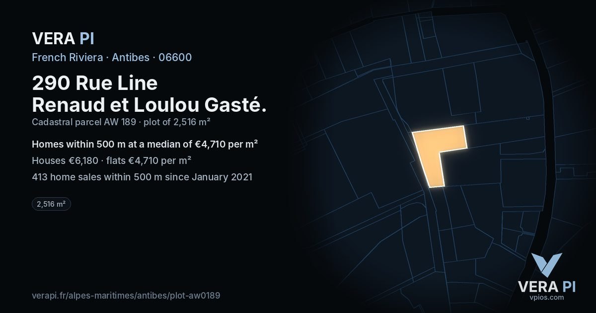 290 Rue Line Renaud et Loulou Gasté, Antibes at night – the plot lit, the parcels around coloured by the prices near them