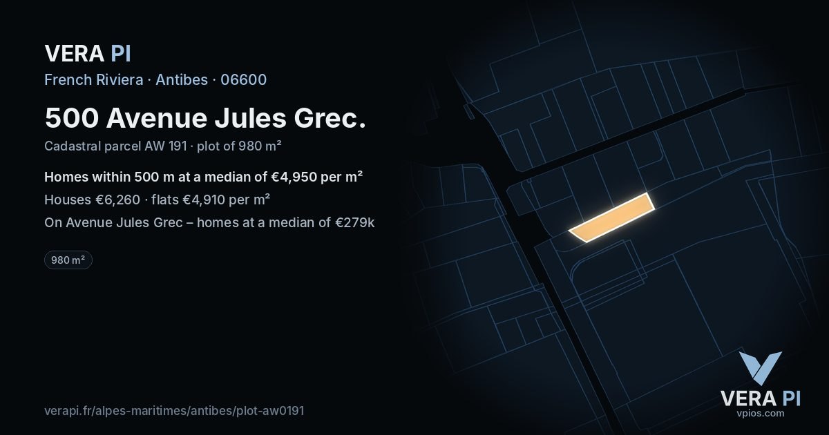 500 Avenue Jules Grec, Antibes at night – the plot lit, the parcels around coloured by the prices near them