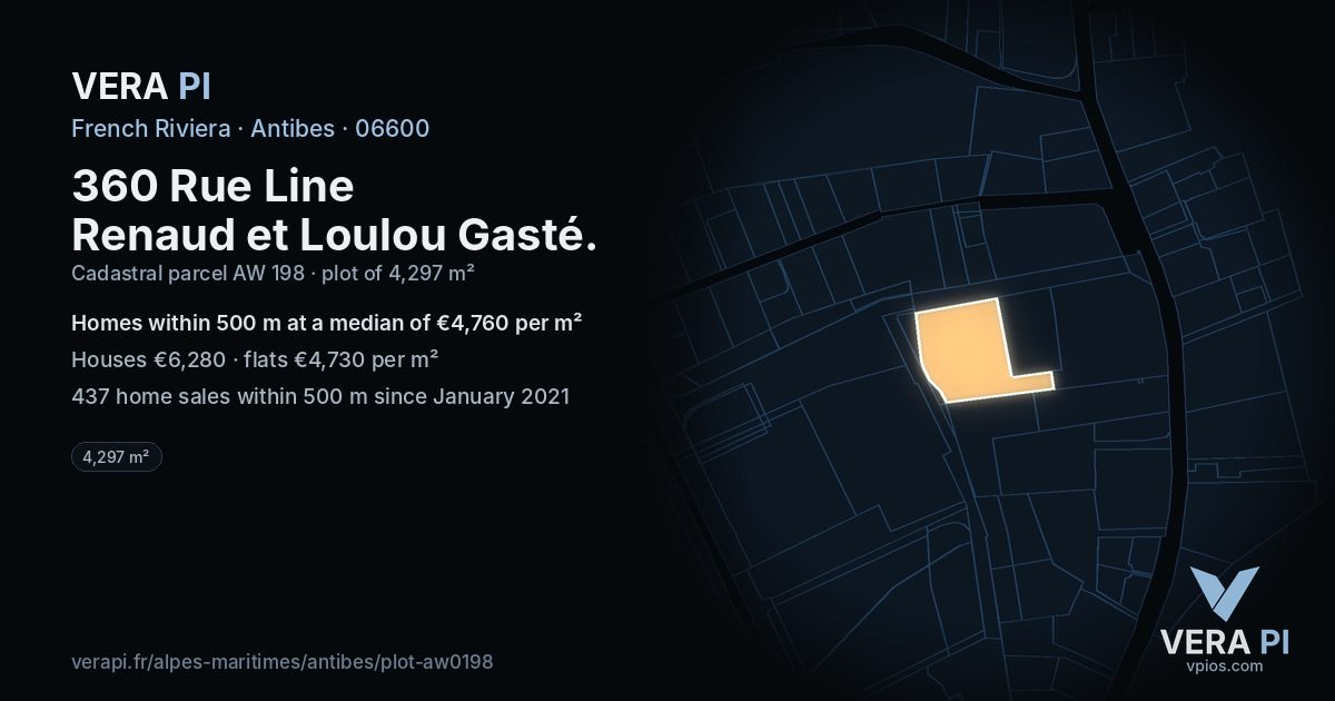 360 Rue Line Renaud et Loulou Gasté, Antibes at night – the plot lit, the parcels around coloured by the prices near them