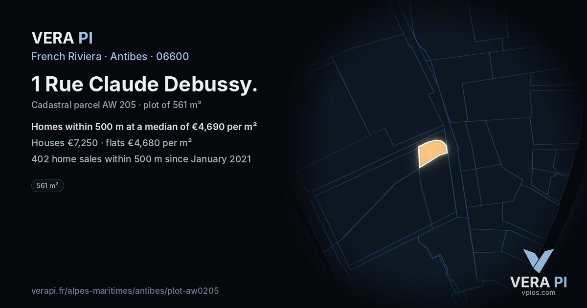 1 Rue Claude Debussy, Antibes at night – the plot lit, the parcels around coloured by the prices near them
