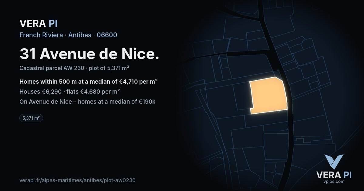 31 Avenue de Nice, Antibes at night – the plot lit, the parcels around coloured by the prices near them