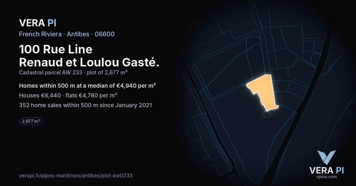 100 Rue Line Renaud et Loulou Gasté, Antibes at night – the plot lit, the parcels around coloured by the prices near them