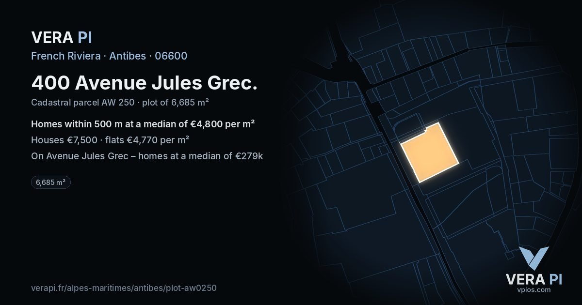 400 Avenue Jules Grec, Antibes at night – the plot lit, the parcels around coloured by the prices near them