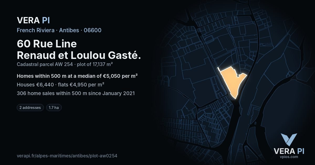 60 Rue Line Renaud et Loulou Gasté, Antibes at night – the plot lit, the parcels around coloured by the prices near them