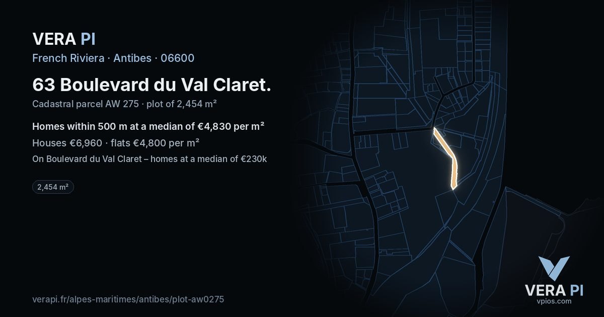 63 Boulevard du Val Claret, Antibes at night – the plot lit, the parcels around coloured by the prices near them