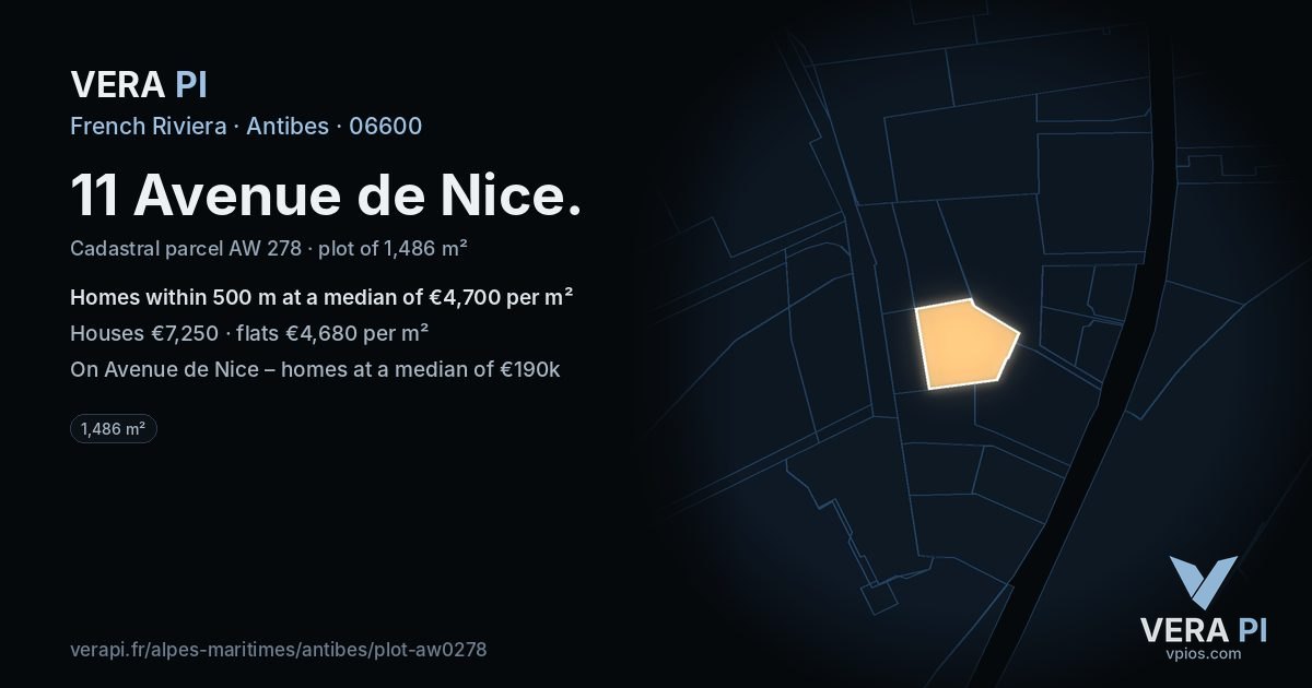 11 Avenue de Nice, Antibes at night – the plot lit, the parcels around coloured by the prices near them