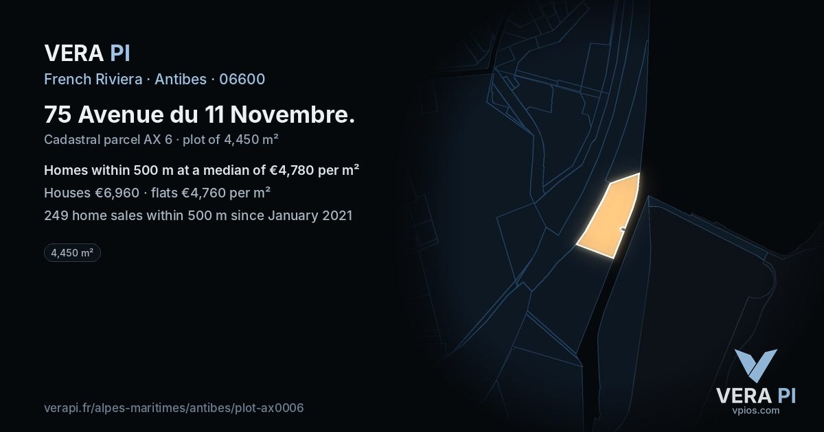 75 Avenue du 11 Novembre, Antibes at night – the plot lit, the parcels around coloured by the prices near them