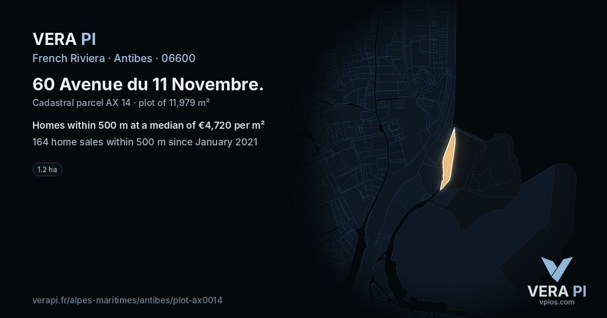 60 Avenue du 11 Novembre, Antibes at night – the plot lit, the parcels around coloured by the prices near them