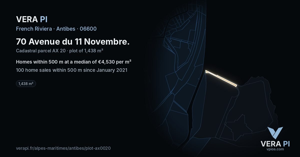 70 Avenue du 11 Novembre, Antibes at night – the plot lit, the parcels around coloured by the prices near them