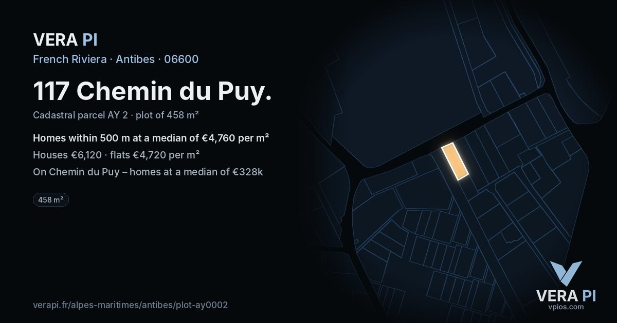 117 Chemin du Puy, Antibes at night – the plot lit, the parcels around coloured by the prices near them
