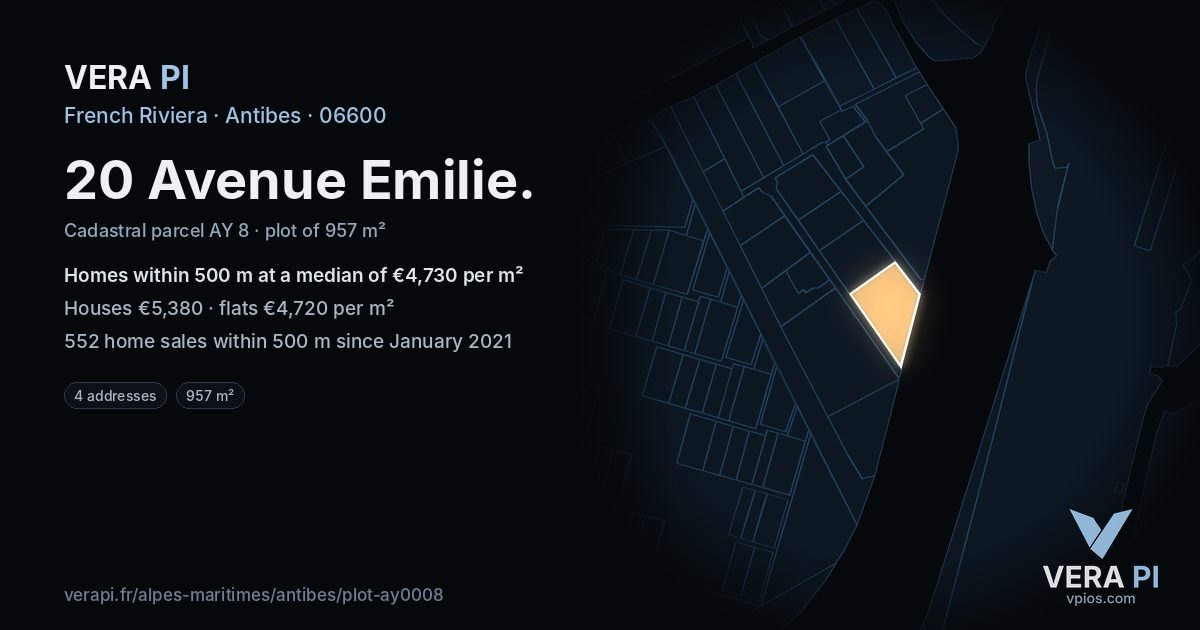 20 Avenue Emilie, Antibes at night – the plot lit, the parcels around coloured by the prices near them