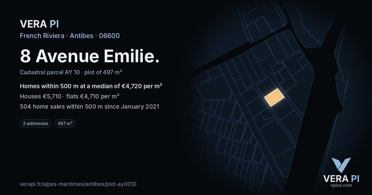 8 Avenue Emilie, Antibes at night – the plot lit, the parcels around coloured by the prices near them
