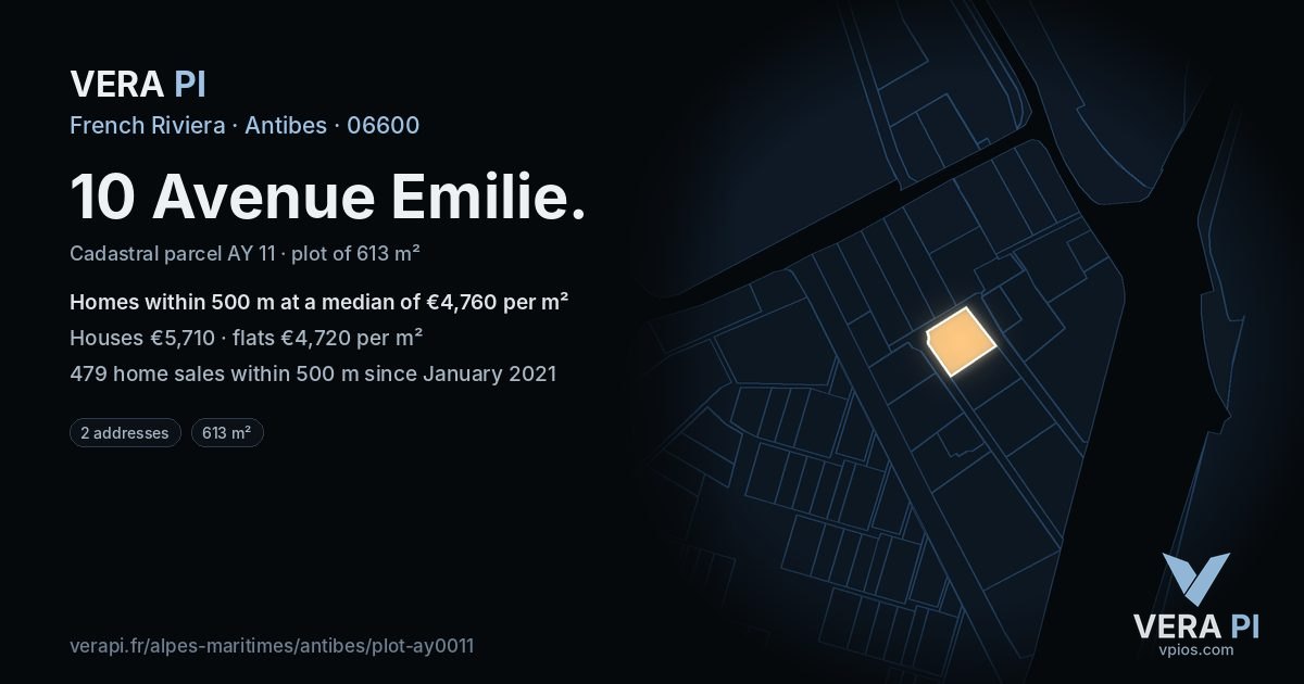 10 Avenue Emilie, Antibes at night – the plot lit, the parcels around coloured by the prices near them