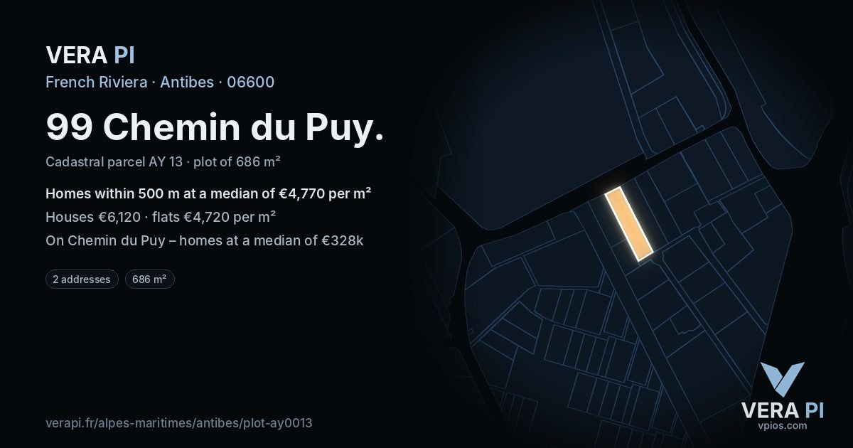 99 Chemin du Puy, Antibes at night – the plot lit, the parcels around coloured by the prices near them