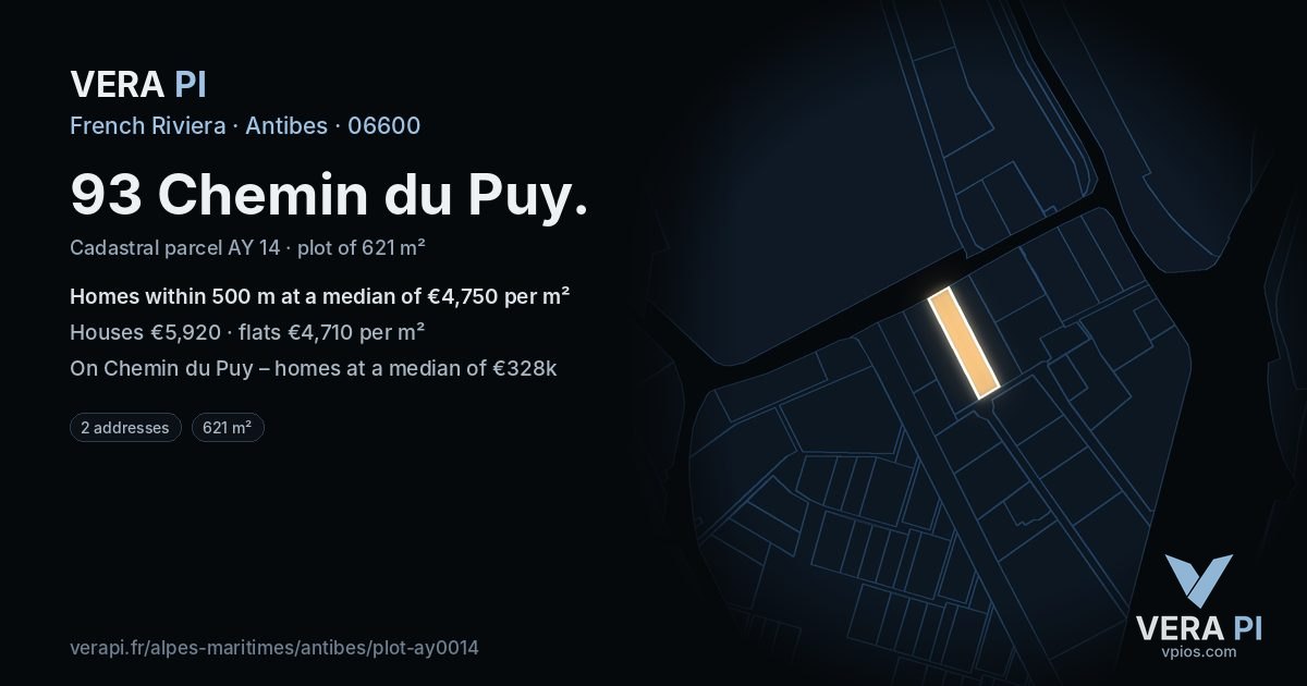 93 Chemin du Puy, Antibes at night – the plot lit, the parcels around coloured by the prices near them