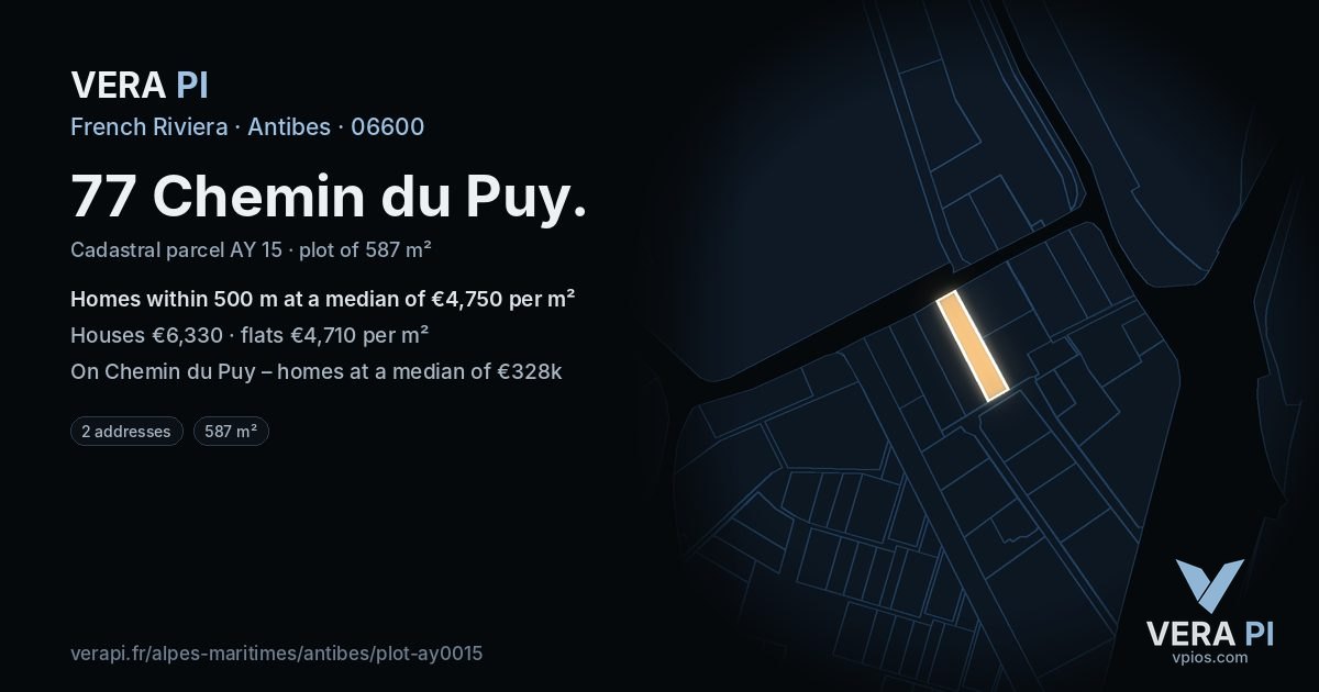 77 Chemin du Puy, Antibes at night – the plot lit, the parcels around coloured by the prices near them