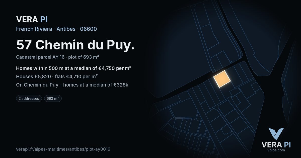 57 Chemin du Puy, Antibes at night – the plot lit, the parcels around coloured by the prices near them