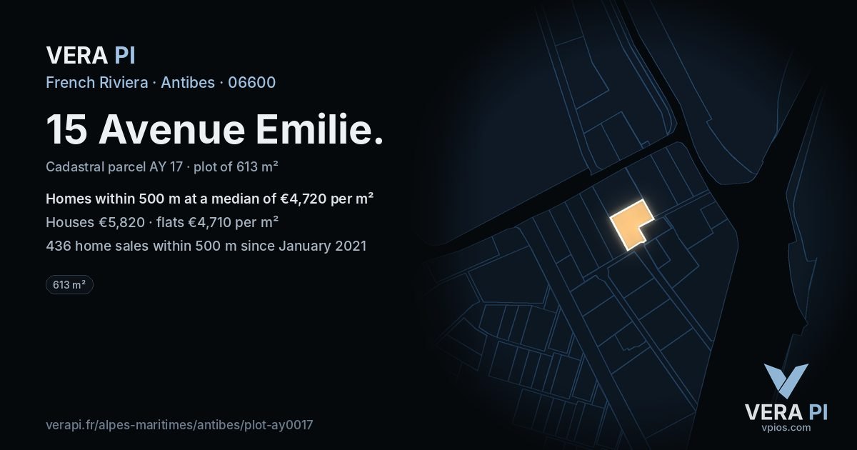 15 Avenue Emilie, Antibes at night – the plot lit, the parcels around coloured by the prices near them