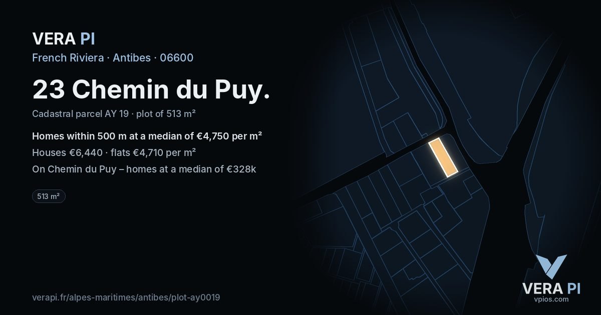 23 Chemin du Puy, Antibes at night – the plot lit, the parcels around coloured by the prices near them