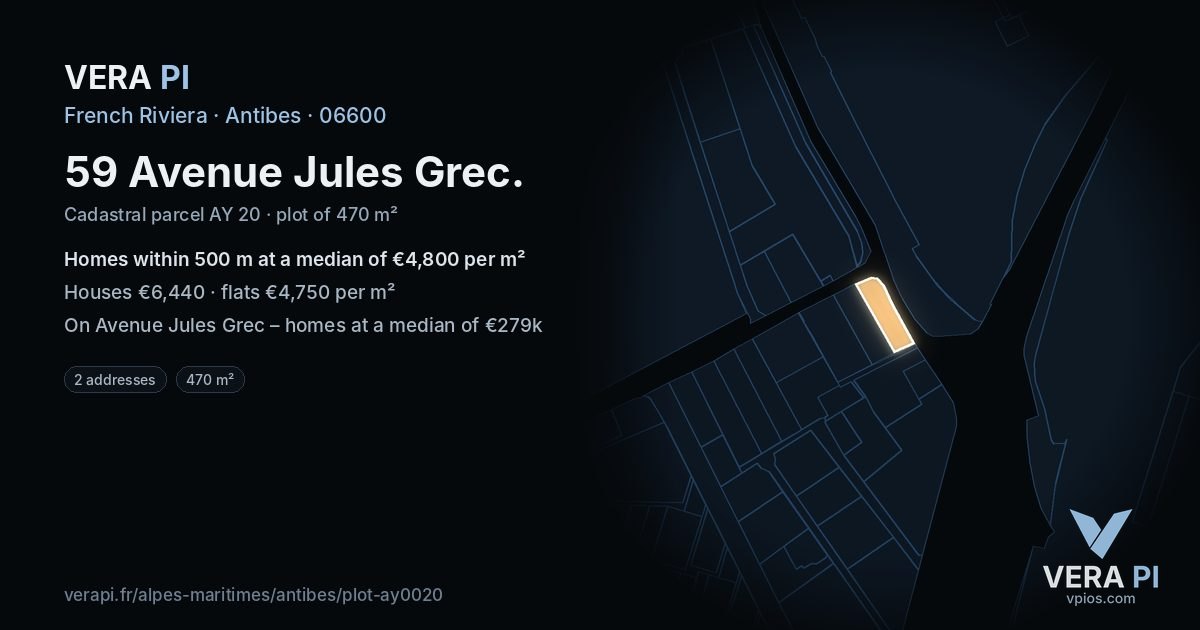 59 Avenue Jules Grec, Antibes at night – the plot lit, the parcels around coloured by the prices near them