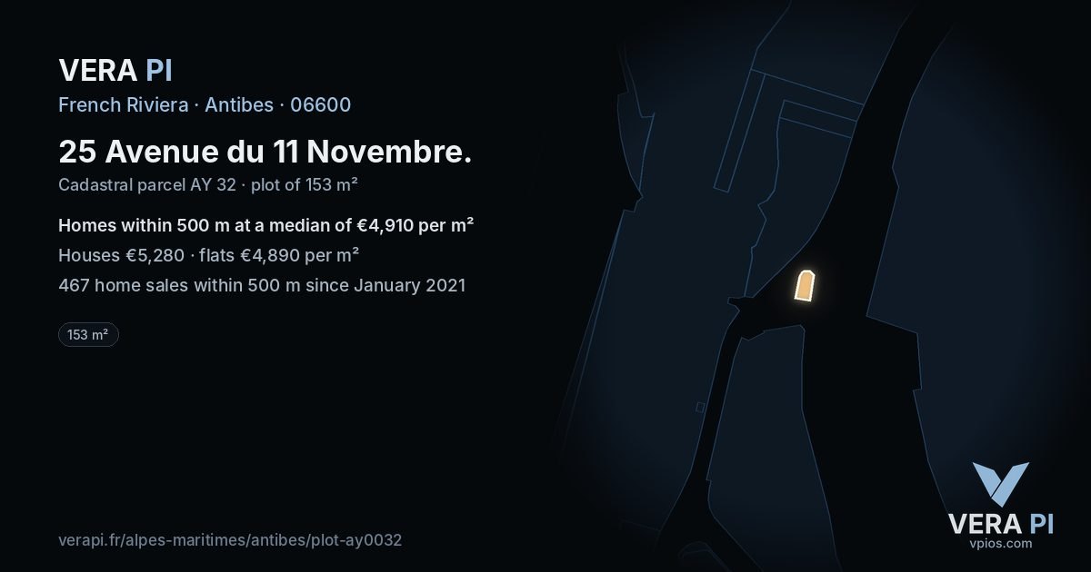 25 Avenue du 11 Novembre, Antibes at night – the plot lit, the parcels around coloured by the prices near them