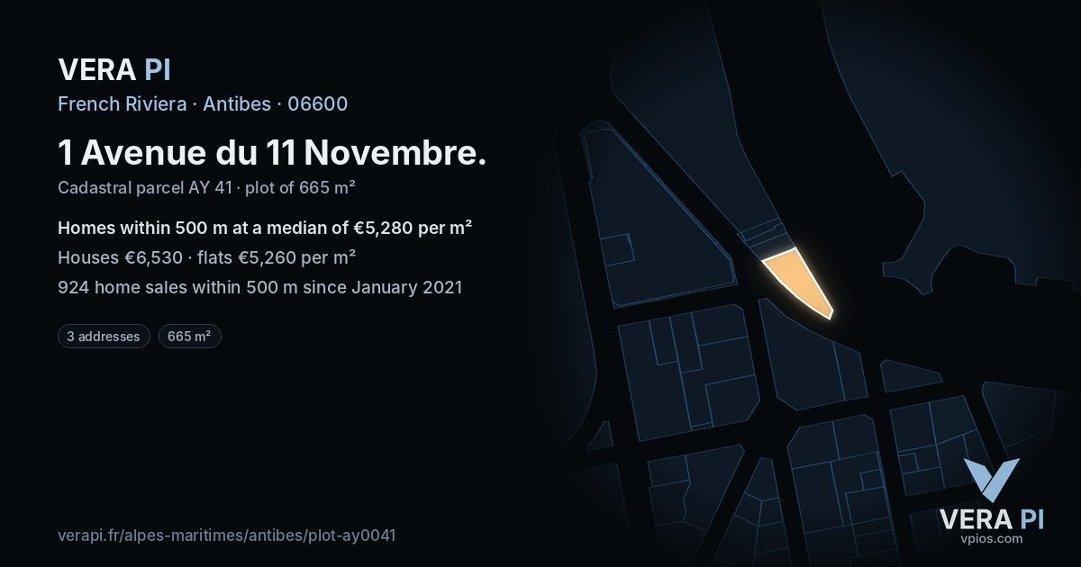1 Avenue du 11 Novembre, Antibes at night – the plot lit, the parcels around coloured by the prices near them