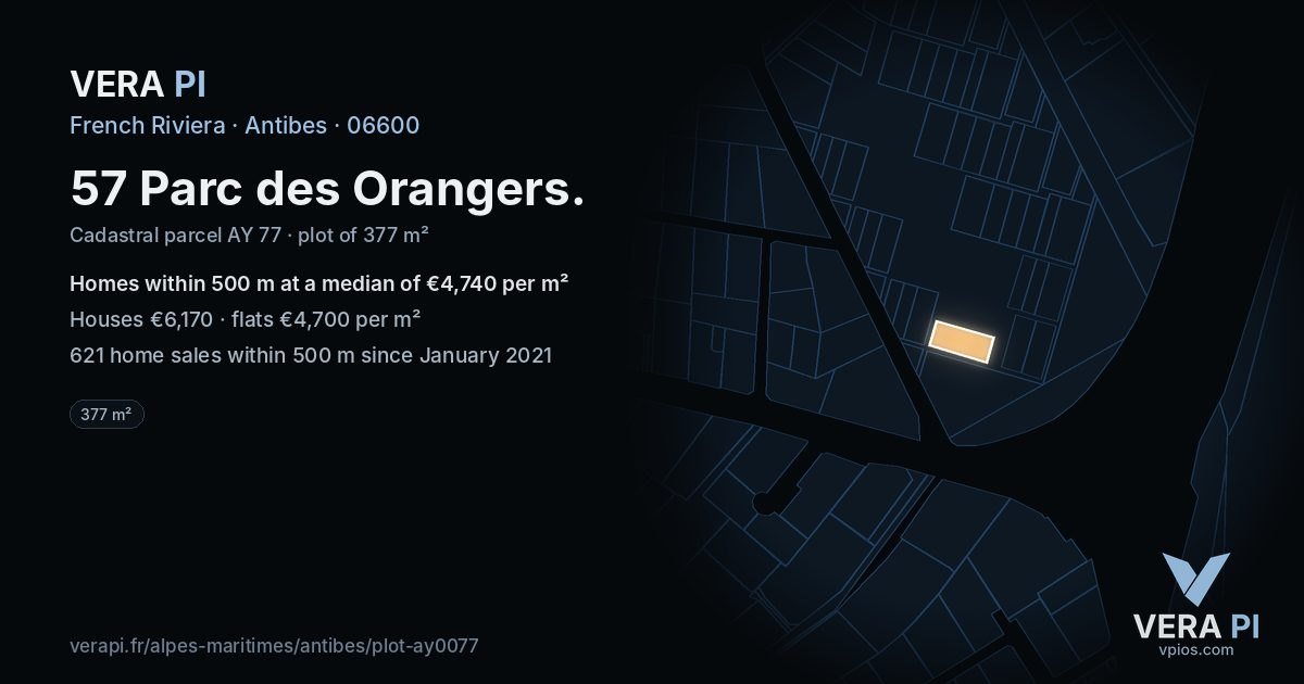 57 Parc des Orangers, Antibes at night – the plot lit, the parcels around coloured by the prices near them