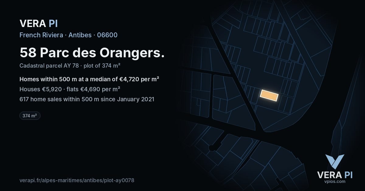58 Parc des Orangers, Antibes at night – the plot lit, the parcels around coloured by the prices near them