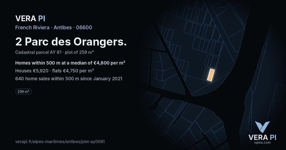 2 Parc des Orangers, Antibes at night – the plot lit, the parcels around coloured by the prices near them