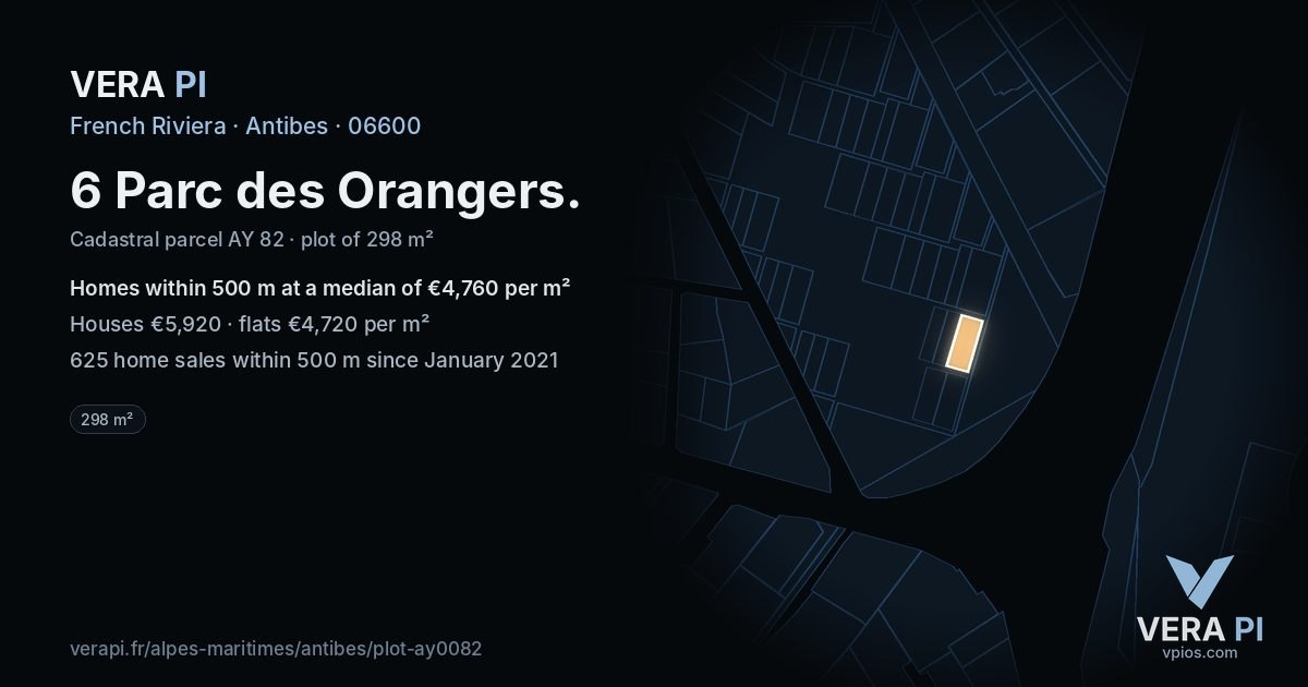 6 Parc des Orangers, Antibes at night – the plot lit, the parcels around coloured by the prices near them