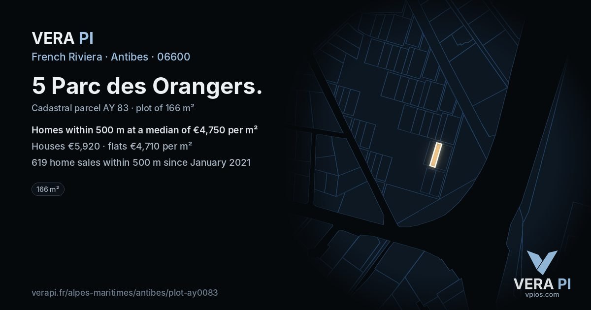 5 Parc des Orangers, Antibes at night – the plot lit, the parcels around coloured by the prices near them