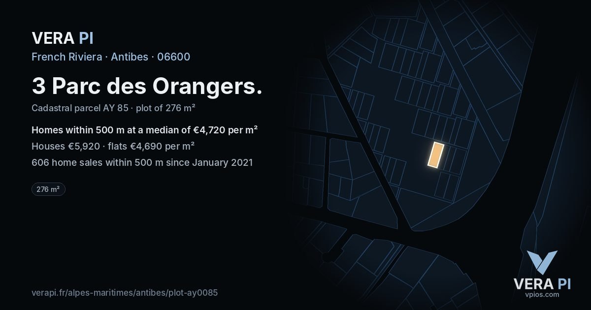 3 Parc des Orangers, Antibes at night – the plot lit, the parcels around coloured by the prices near them
