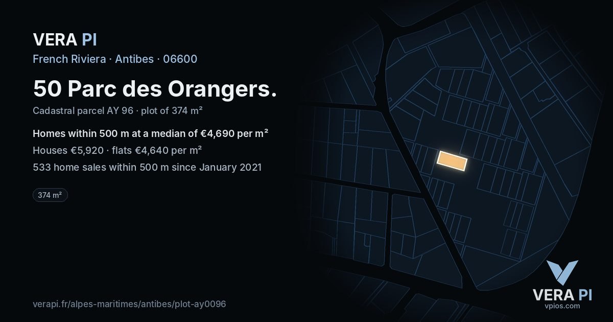 50 Parc des Orangers, Antibes at night – the plot lit, the parcels around coloured by the prices near them