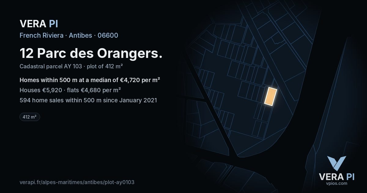 12 Parc des Orangers, Antibes at night – the plot lit, the parcels around coloured by the prices near them