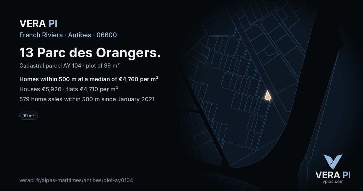 13 Parc des Orangers, Antibes at night – the plot lit, the parcels around coloured by the prices near them