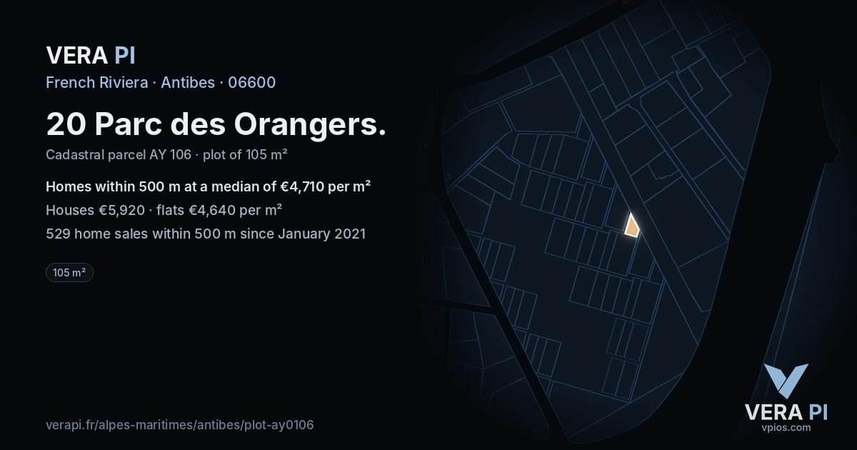 20 Parc des Orangers, Antibes at night – the plot lit, the parcels around coloured by the prices near them